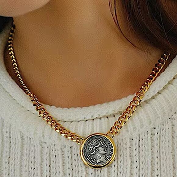 Gold Coin Pendant Necklace,, Charm, Boho, Medallion - Picture 1 of 6